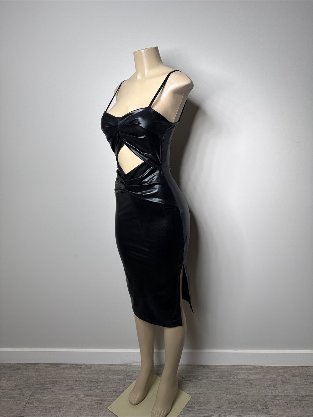 Strappy Black Faux Leather Midi Dress with Front Cutout - Picture 5 of 8